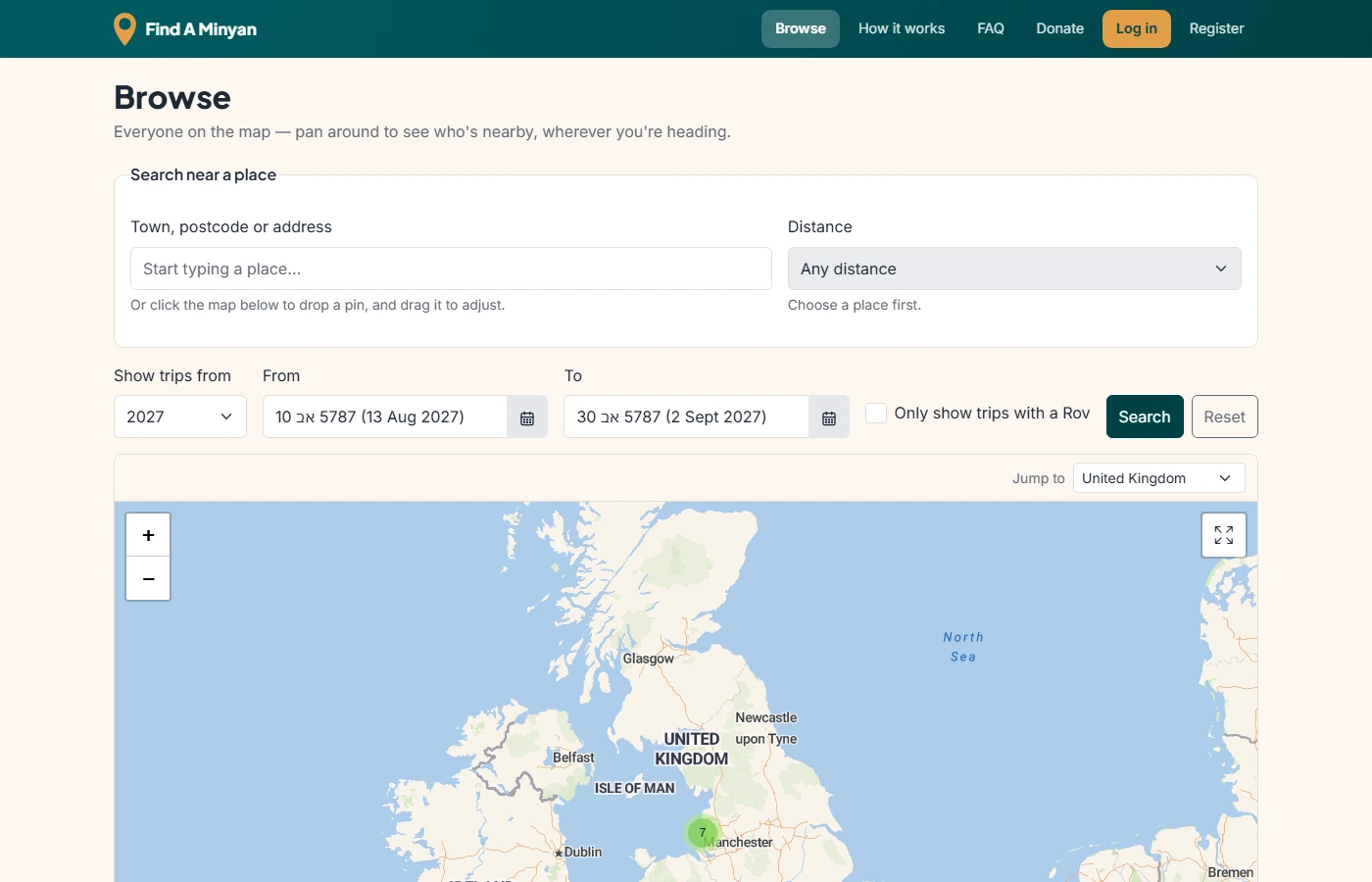 The Browse map, with a "Search near a place" box for typing a town or postcode and choosing a distance, a date range beside it, and the map below.