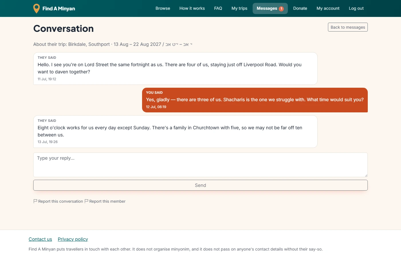 An in-app conversation between two travellers, their messages in alternating bubbles, with a reply box underneath and no email address anywhere on the page.